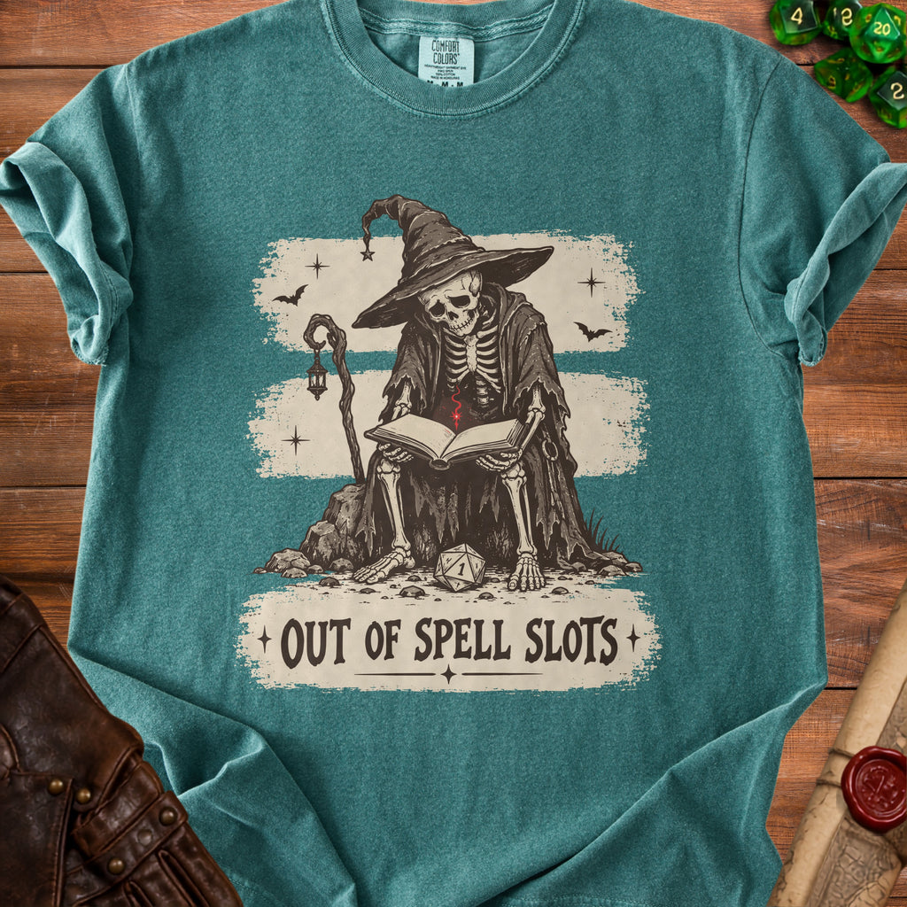 Skeleton wizard reads a book with text "Out of Spell Slots" and a d20 die.