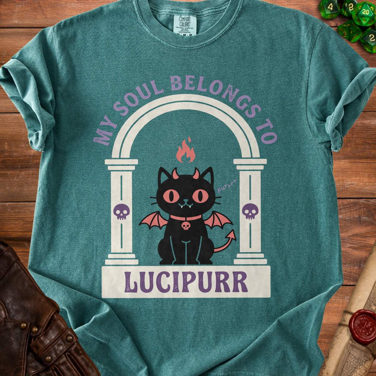 Teal t-shirt with a black cat graphic and the text "MY SOUL BELONGS TO LUCIPURR".