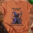 Black cat wizard with text "Hop Up Out The Bed Turn My Swag On".