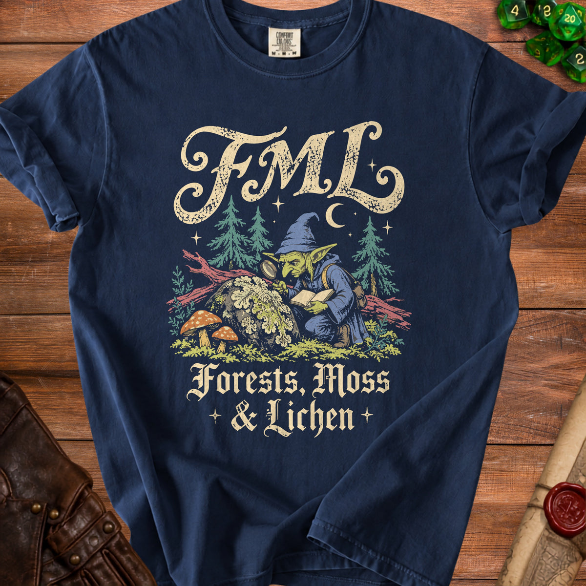 Navy t-shirt with "FML Forests, Moss & Lichen" and wizard examining moss.