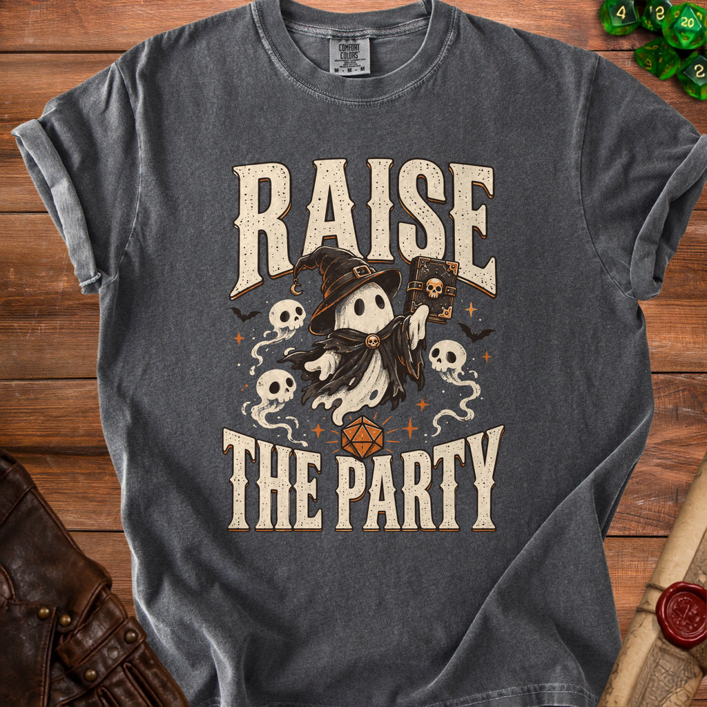 Dark grey t-shirt with "Raise The Party" text and a ghost wizard.