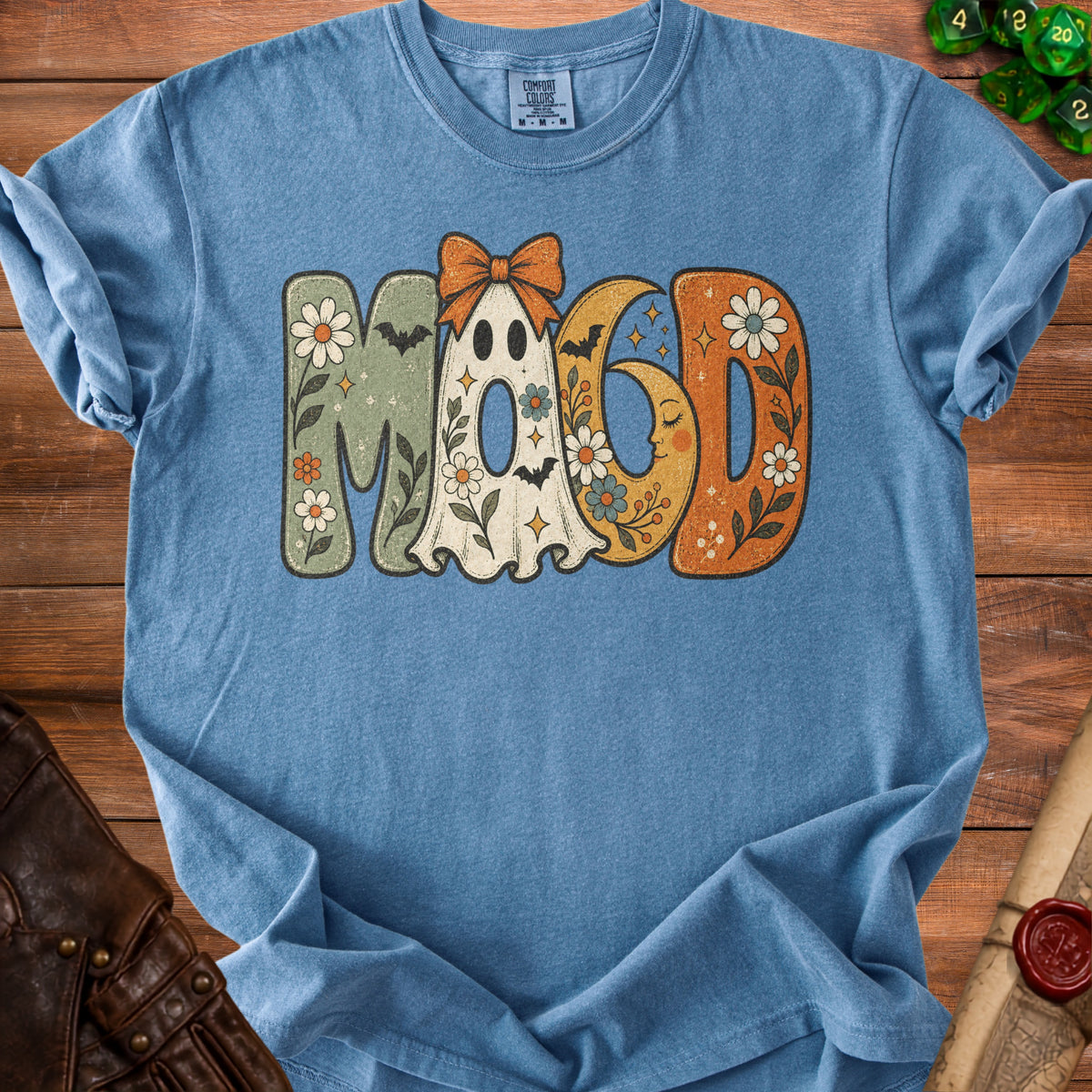 Blue t-shirt with "Mood" graphic featuring ghost, moon, bats, and flowers.