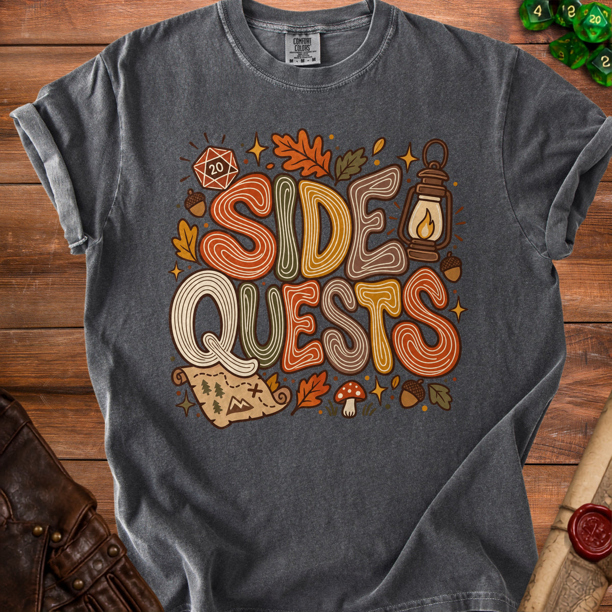 Dark grey t-shirt with "Side Quests" graphic featuring fantasy elements like dice and map.