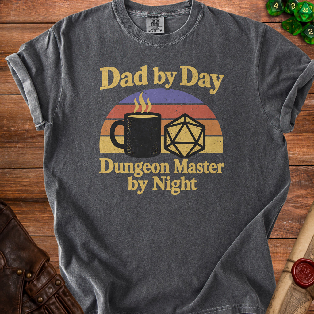 Gray t-shirt with "Dad by Day Dungeon Master by Night" text and dice graphics.