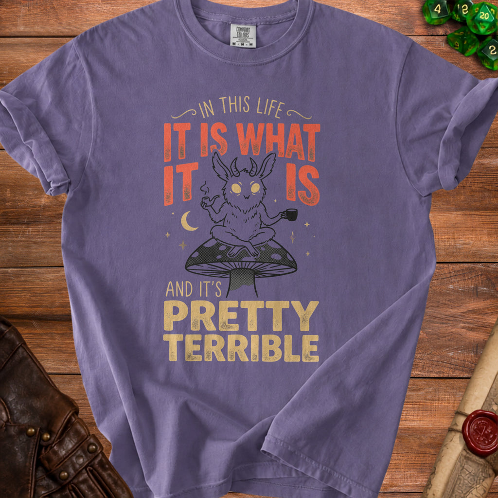 Purple t-shirt with mothman saying "in this life it is what it is and it's pretty terrible".