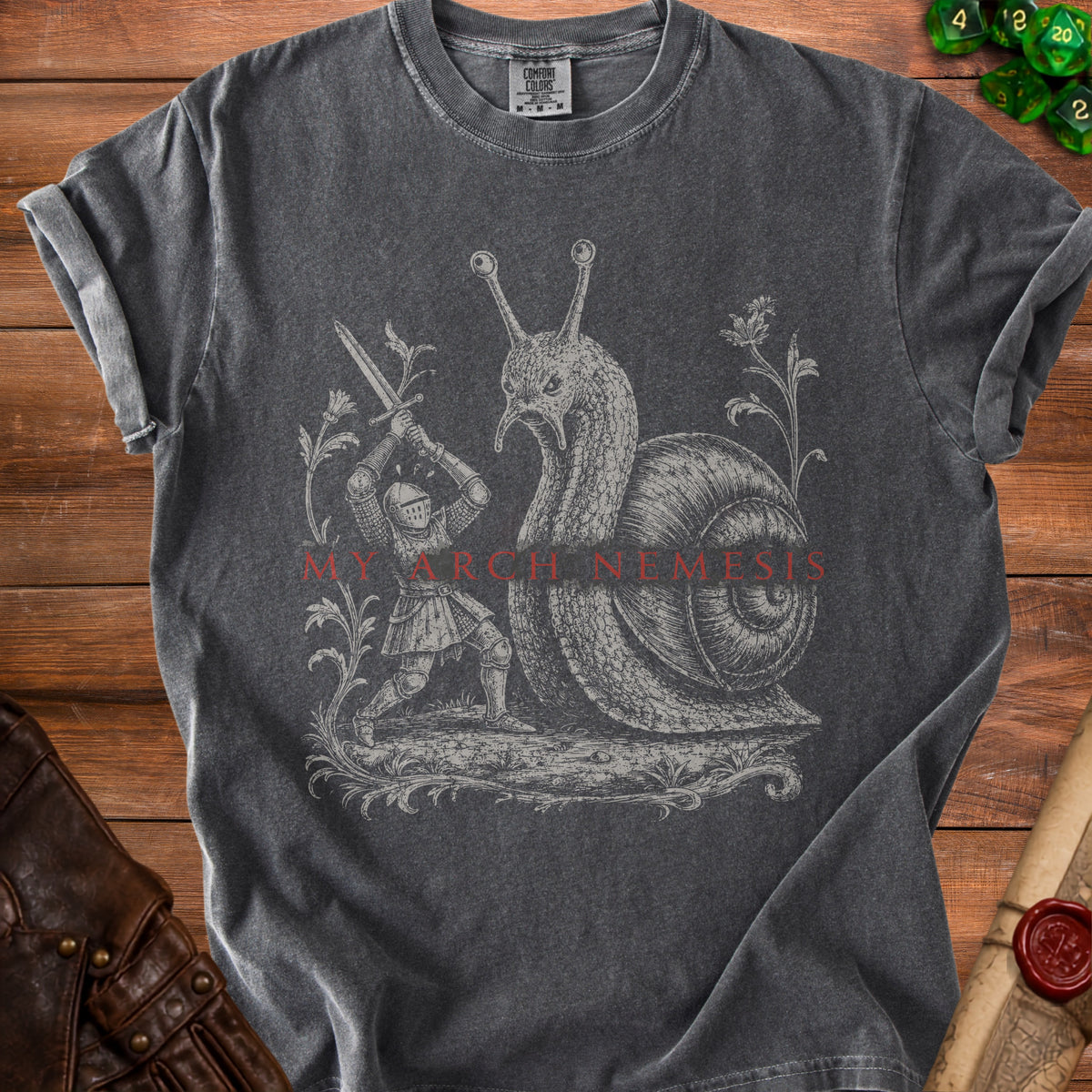 Grey t-shirt with a knight fighting a snail design and red text "MY ARCH NEMESIS."
