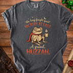 Charcoal t-shirt with frog graphic, sword, coffee, and text "Victory at Last, A Grand, Huzzah".