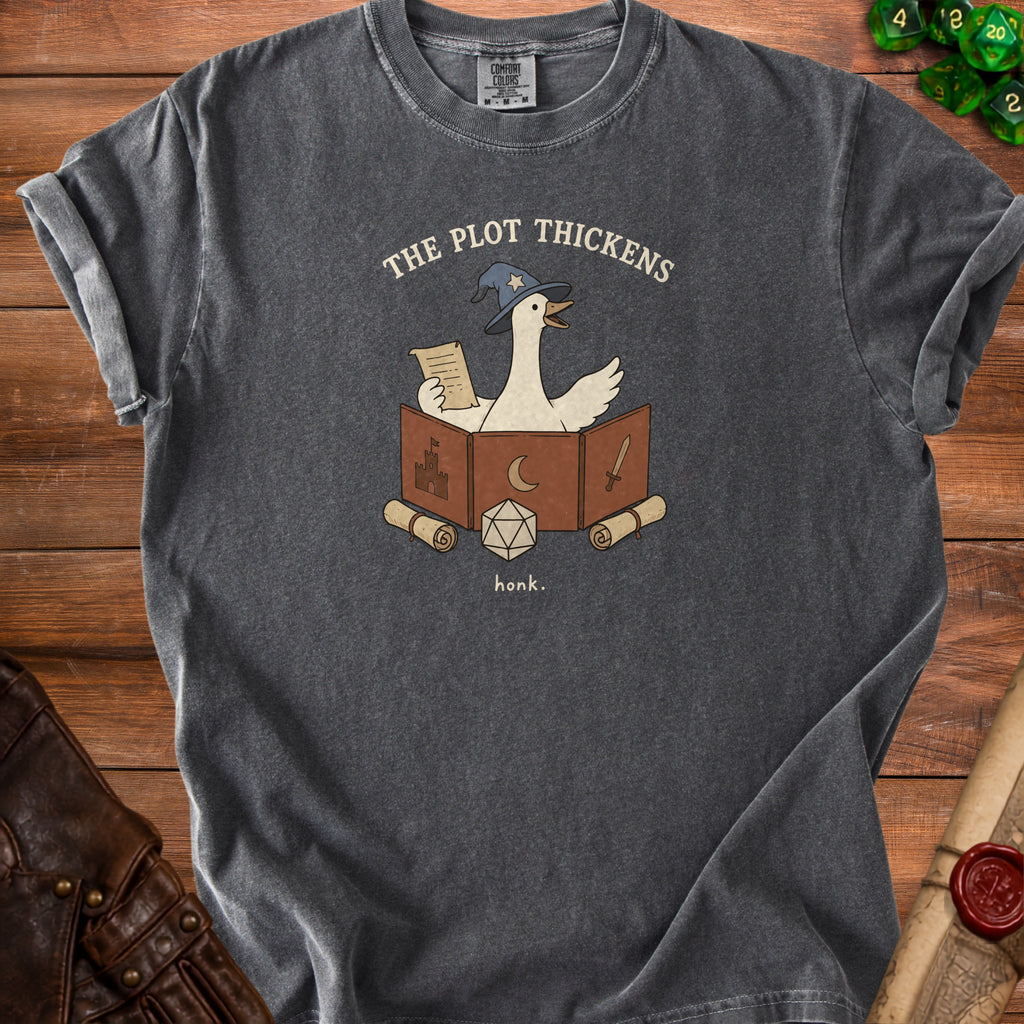 Grey t-shirt with a goose wearing a wizard hat and "The Plot Thickens" text.