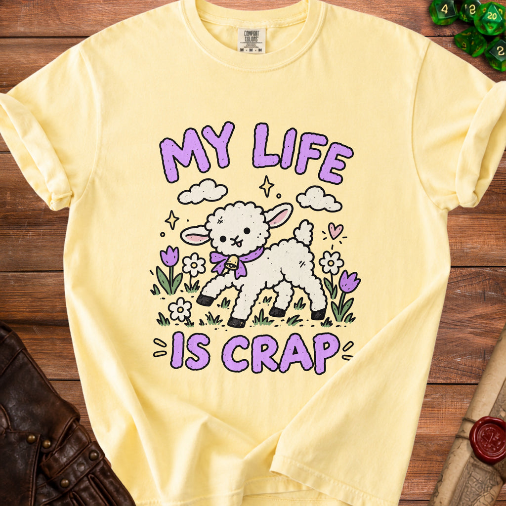 Yellow t-shirt with a cartoon lamb and the text "MY LIFE IS CRAP".