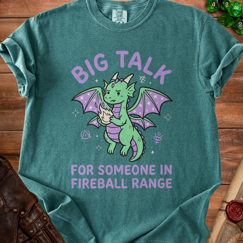 Green t-shirt with purple text and a cartoon dragon holding fire.