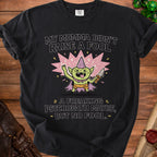 Black t-shirt with a cartoon goblin holding a knife and text about not being a fool.
