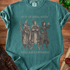 Teal t-shirt with "OUT OF SPELL SLOTS STILL HAVE OPINIONS" and fantasy characters.