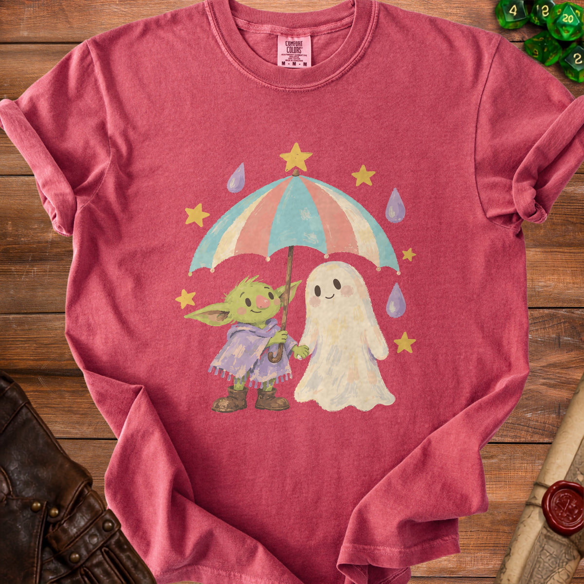 Goblin and ghost share an umbrella with stars and raindrops.