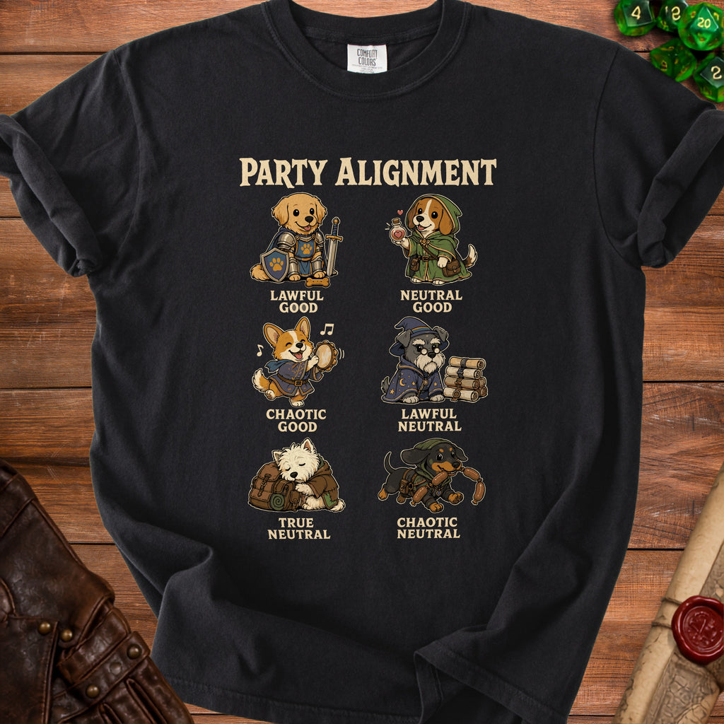 Black t-shirt with "Party Alignment" and cartoon dogs representing different alignments.