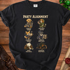 Black t-shirt with "Party Alignment" and cartoon dogs representing different alignments.
