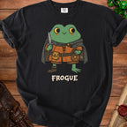 Black t-shirt with a cartoon frog rogue character holding a knife and coin pouch.