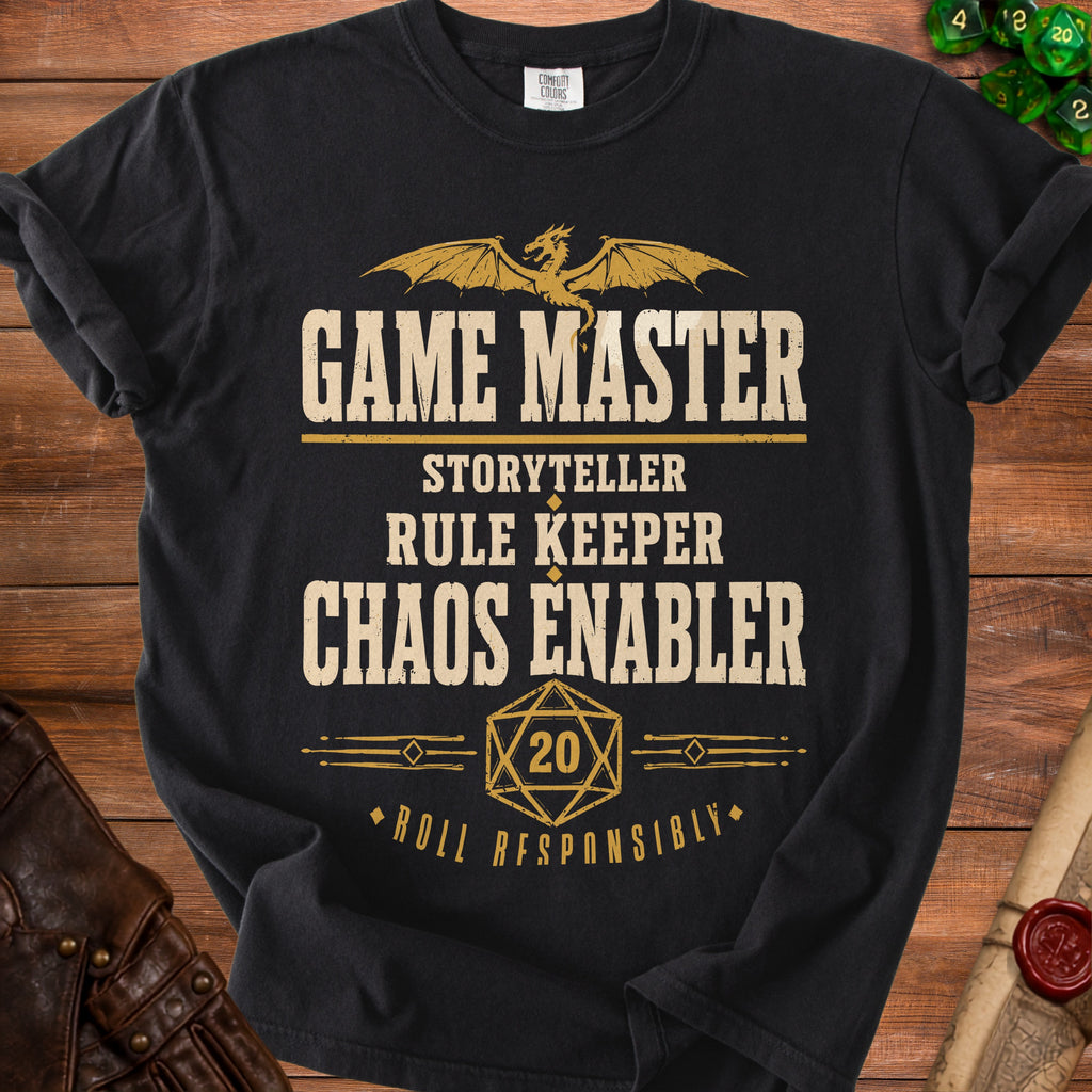 Black t-shirt with "Game Master Storyteller Rule Keeper Chaos Enabler" text and dragon graphic.
