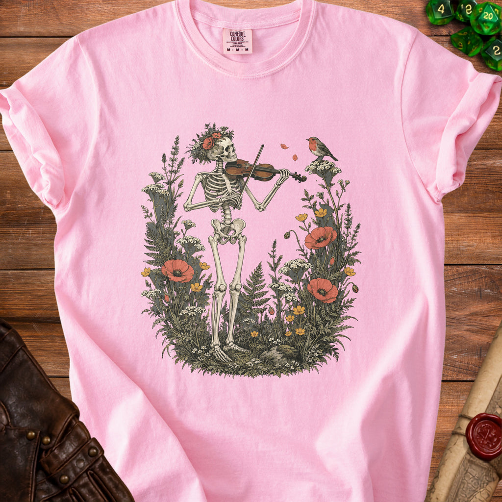 Skeleton playing violin surrounded by flowers with a robin perched nearby.