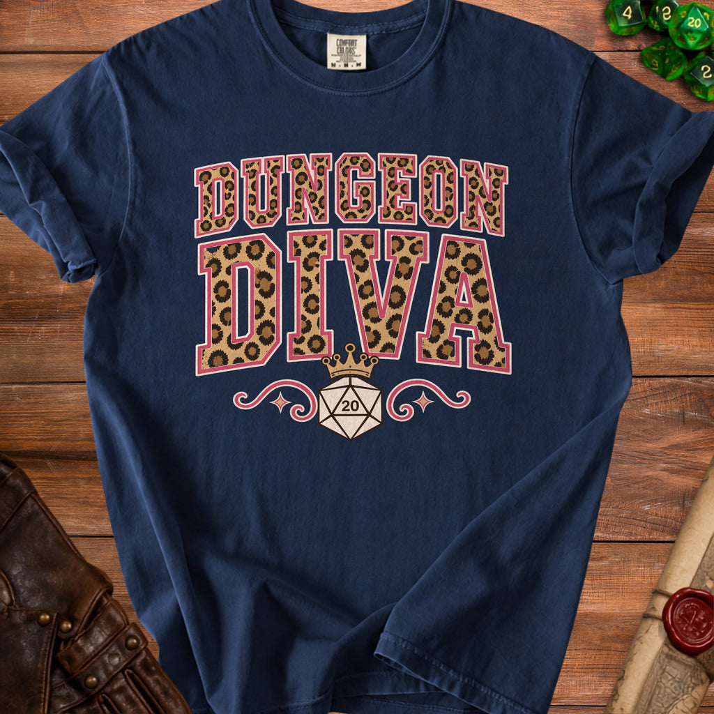 Navy t-shirt with leopard print "DUNGEON DIVA" text and a d20 die.