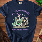 T-shirt with cartoon geese in adventurer outfits and text "FLOCK AND CHAOS ADVENTURE AWAITS".