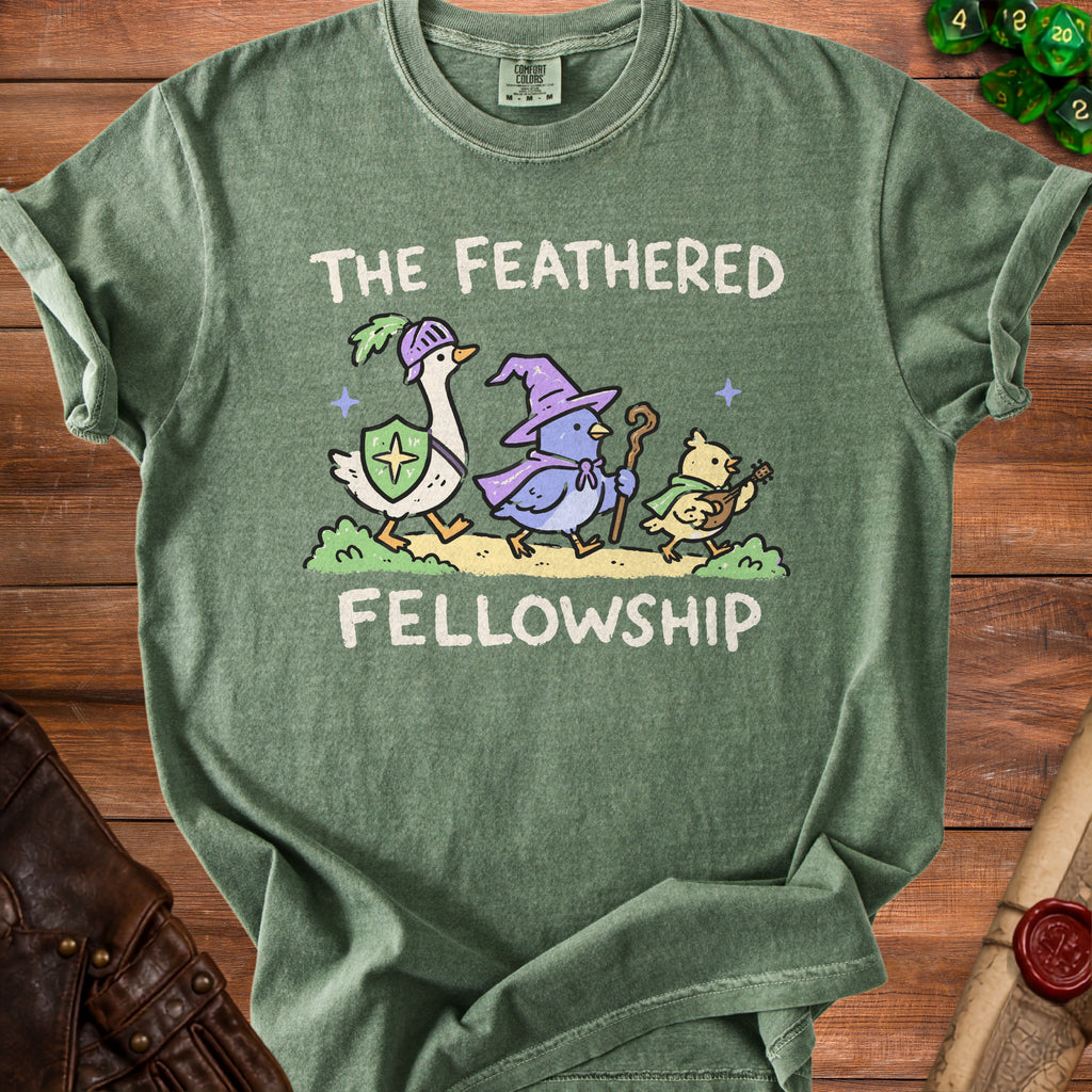 Green t-shirt with "The Feathered Fellowship" text and duck, bird, and chick characters.