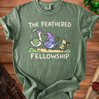 Green t-shirt with "The Feathered Fellowship" text and duck, bird, and chick characters.