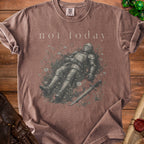 T-shirt with knight in armor lying in flowers and "not today" text.