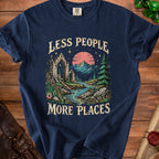 Navy t-shirt with "Less People More Places" text and mountain landscape graphic.