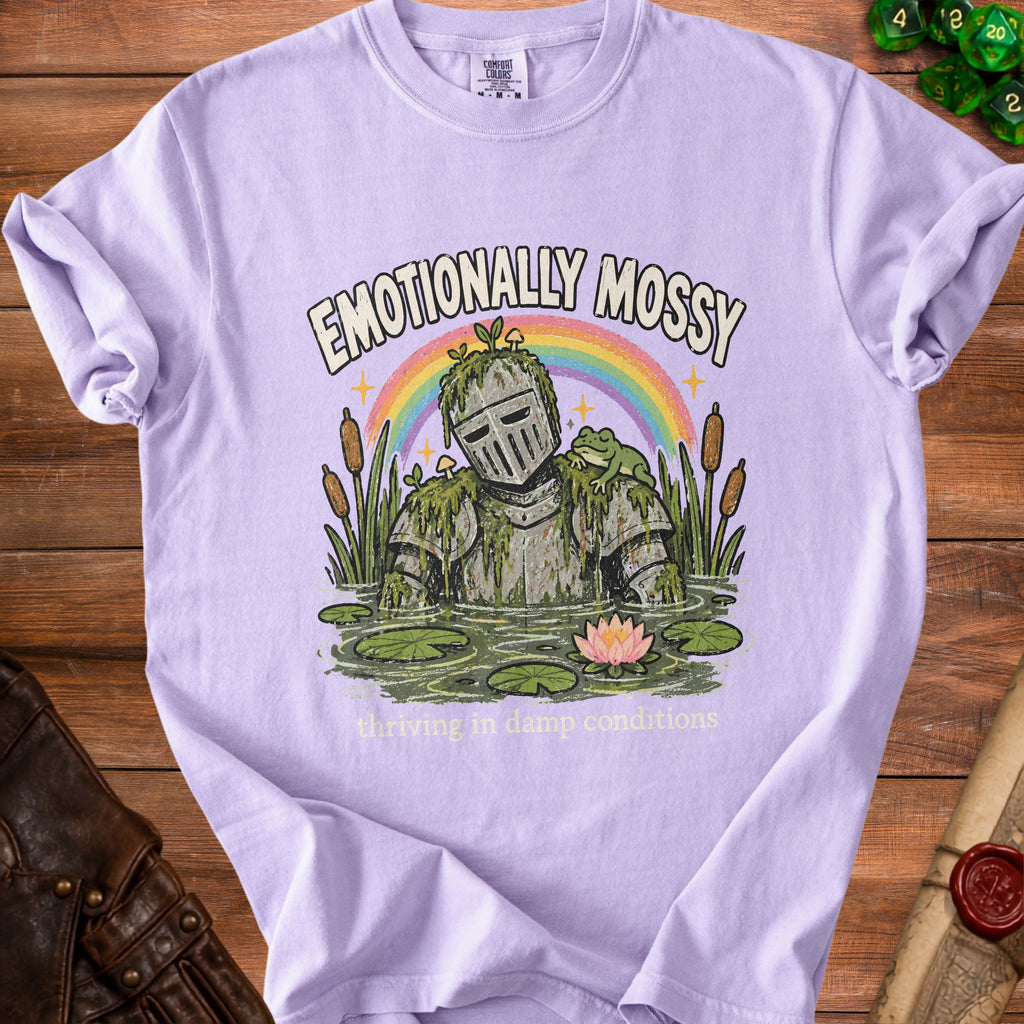 Purple t-shirt with knight in swamp and text "Emotionally Mossy"