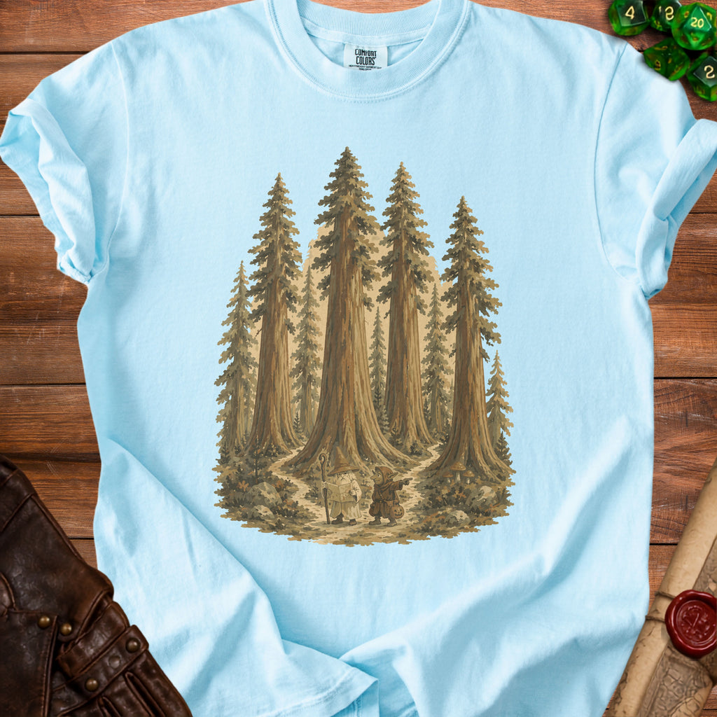 Light blue t-shirt with artwork of two fantasy figures in a redwood forest.