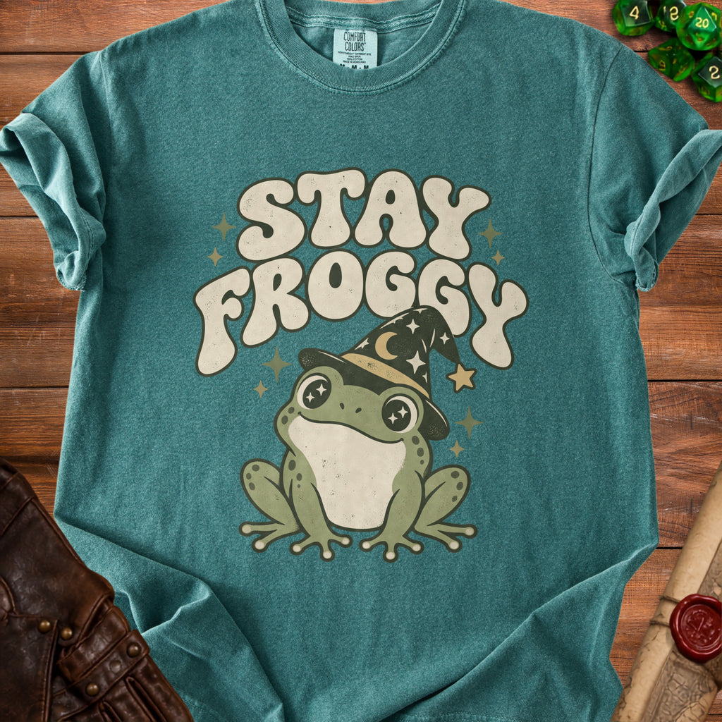 Green t-shirt with "STAY FROGGY" text and a frog in a wizard hat.