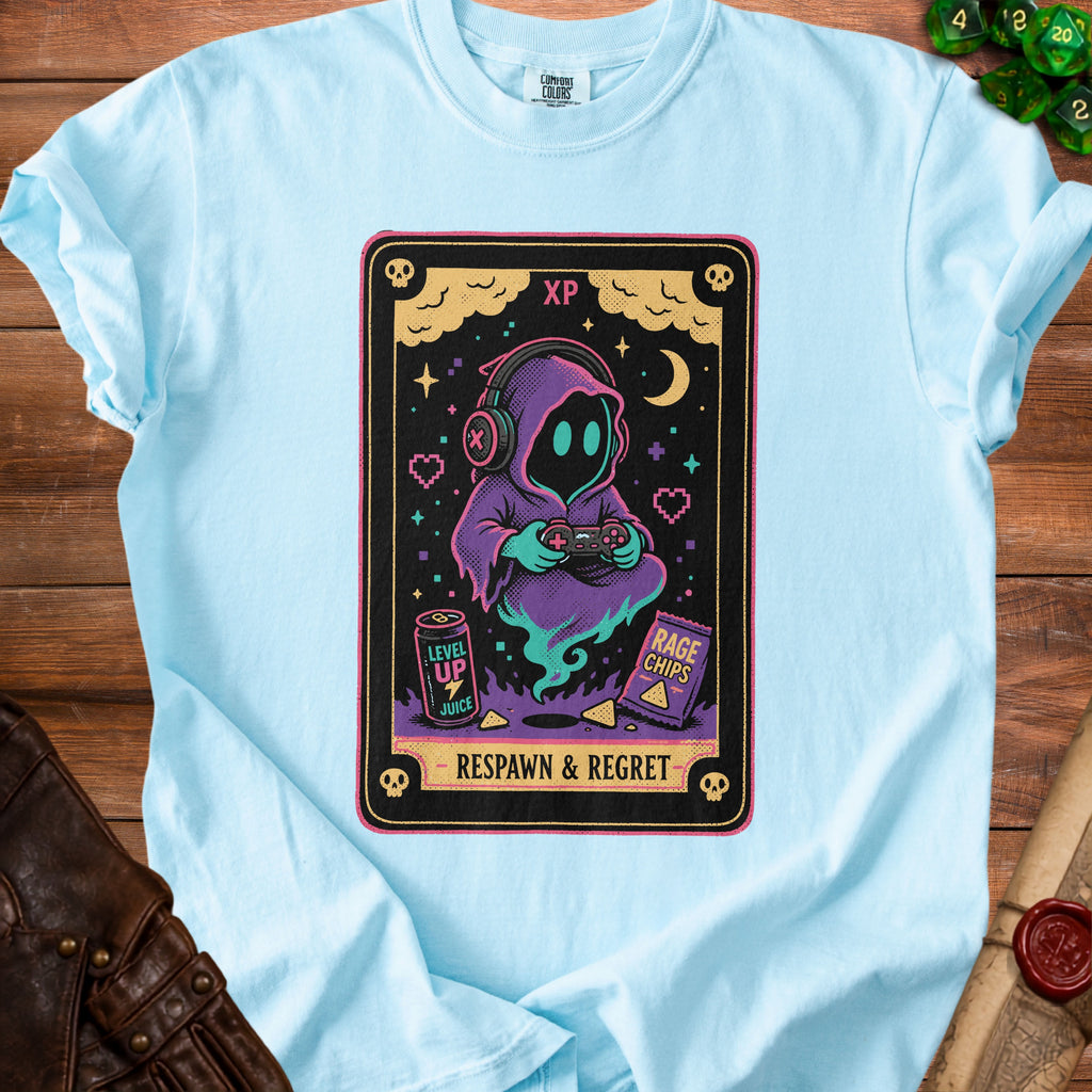 Light blue t-shirt with "Respawn & Regret" graphic featuring a gamer ghost and energy drink.
