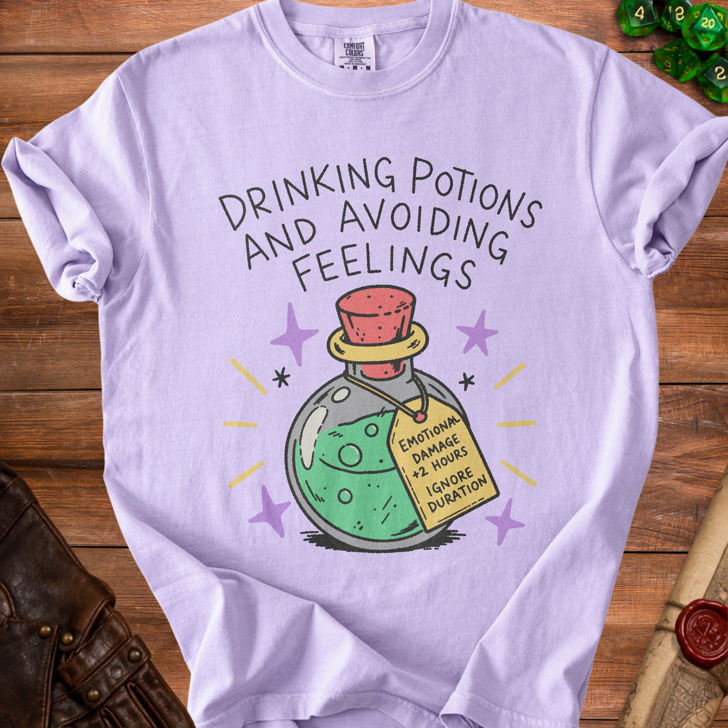 Lilac t-shirt with "Drinking Potions and Avoiding Feelings" text and potion graphic.