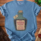 Blue t-shirt with "100% Introvert Potion" and side effects printed on a bottle graphic.