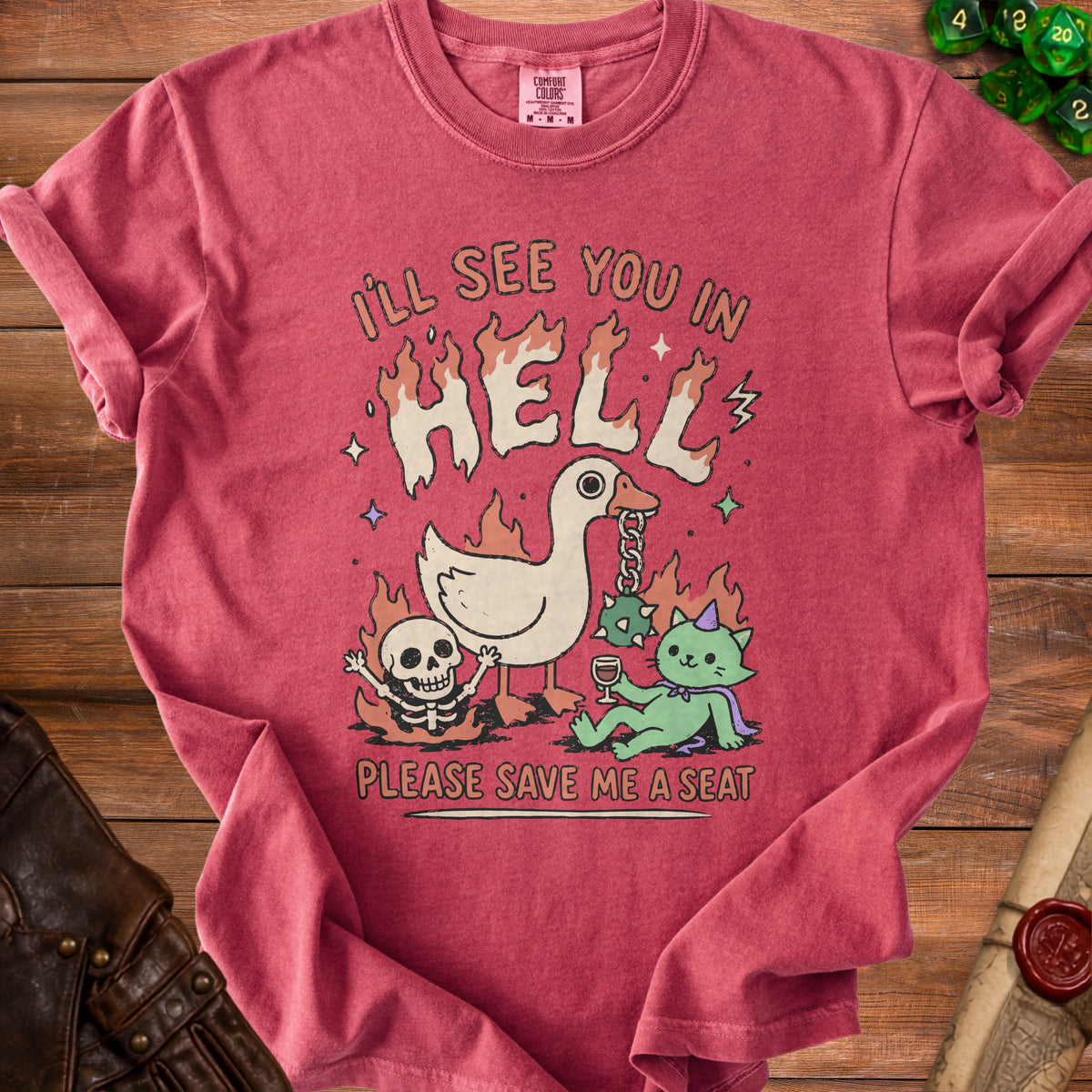 Crimson t-shirt with "I'll See You In Hell" and goose, skeleton, cat graphic.