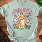 Mint green t-shirt with "ALPHA MALE" text and a cartoon cat wearing a crown.