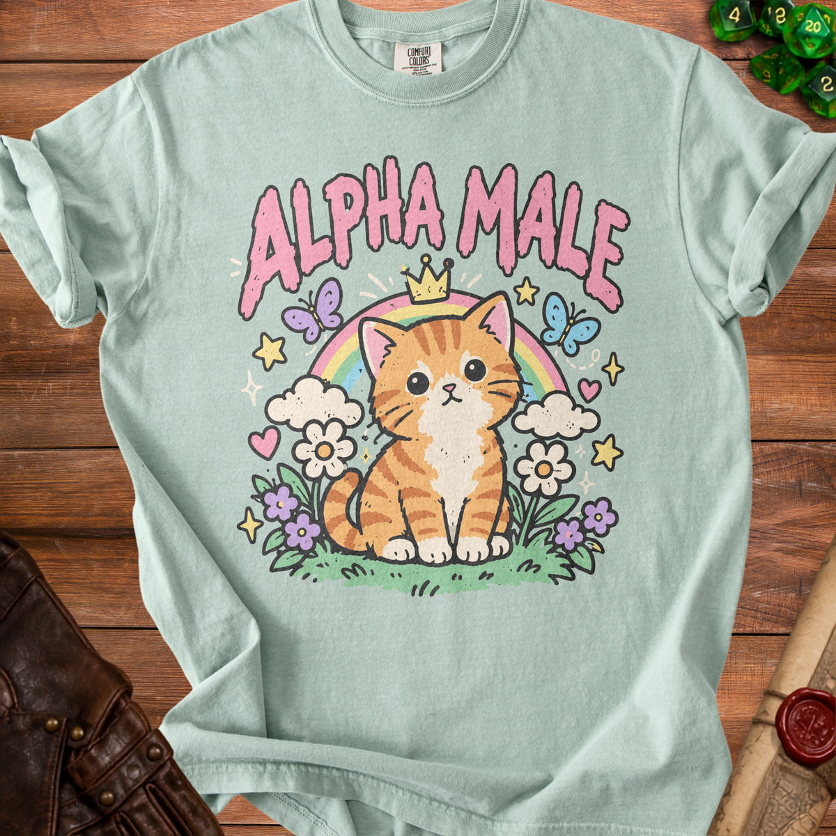 Mint green t-shirt with "ALPHA MALE" text and a cartoon cat wearing a crown.