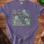 Three cat adventurers in helmets and armor explore a treasure chest with dungeons and monsters books.