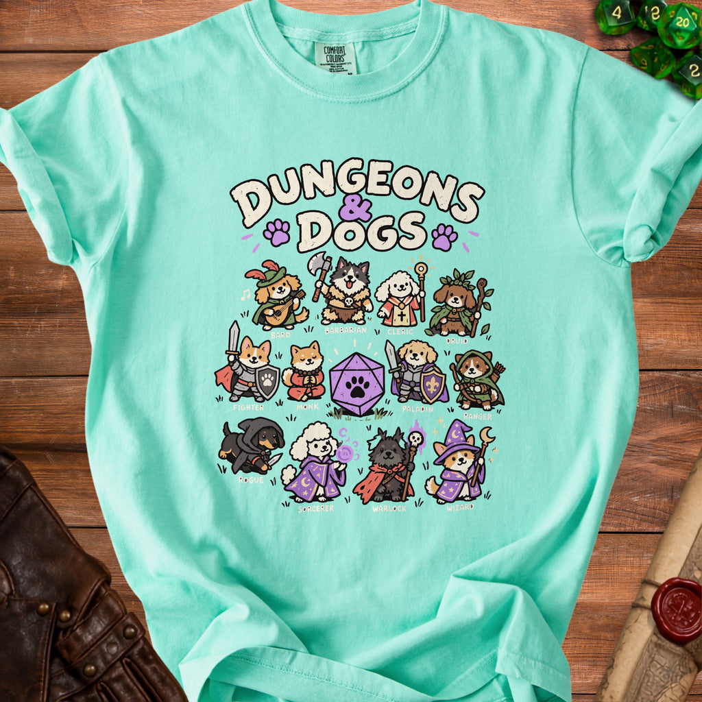 Mint green t-shirt with "Dungeons & Dogs" text and cartoon dogs in fantasy roles.