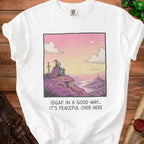 Knight sitting on a cliff overlooking a castle, with text "IDGAF IN A GOOD WAY.. IT'S PEACEFUL OVER HERE".