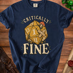 Navy t-shirt with a D20 die graphic and text "CRITICALLY FINE."