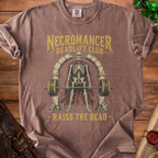 Skeleton lifting a barbell with "Necromancer Deadlift Club Raise the Dead" text.