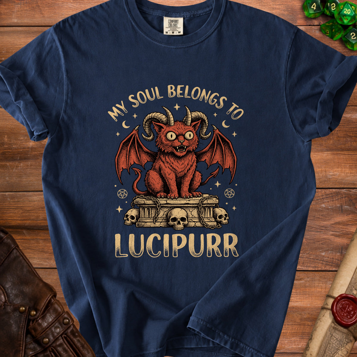 Dark blue t-shirt with a red demon cat graphic and text "MY SOUL BELONGS TO LUCIPURR".