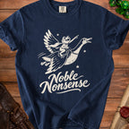Navy t-shirt with graphic of frog riding a goose, text "Noble Nonsense"