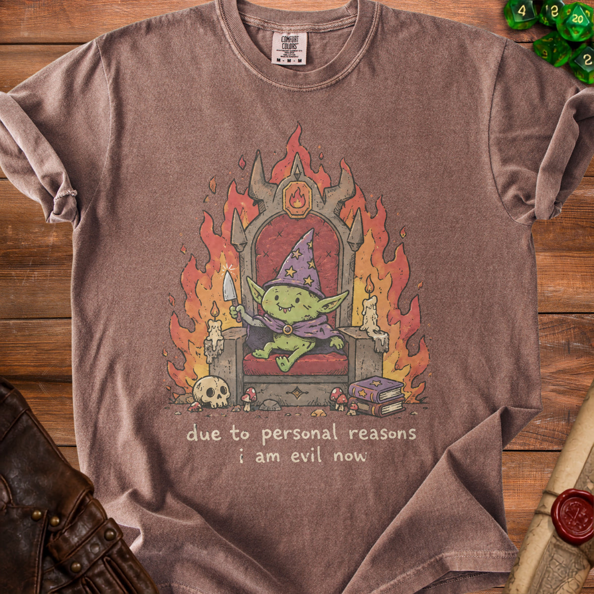 Goblin on throne with knife, text "due to personal reasons i am evil now".