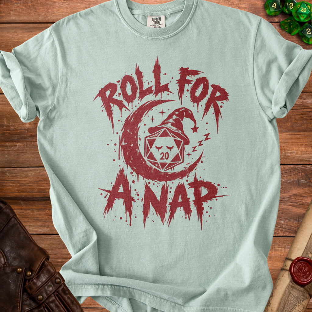 Light blue t-shirt with red "Roll for a nap" text and DnD dice graphic.