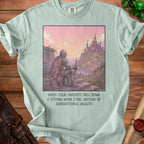 Knight with sword looks at a distant castle with text "When your parents pass down a strong work ethic instead of generational wealth."