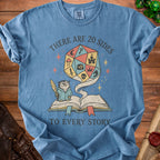 Blue t-shirt with owl, d20, open book, and text "There are 20 sides to every story".