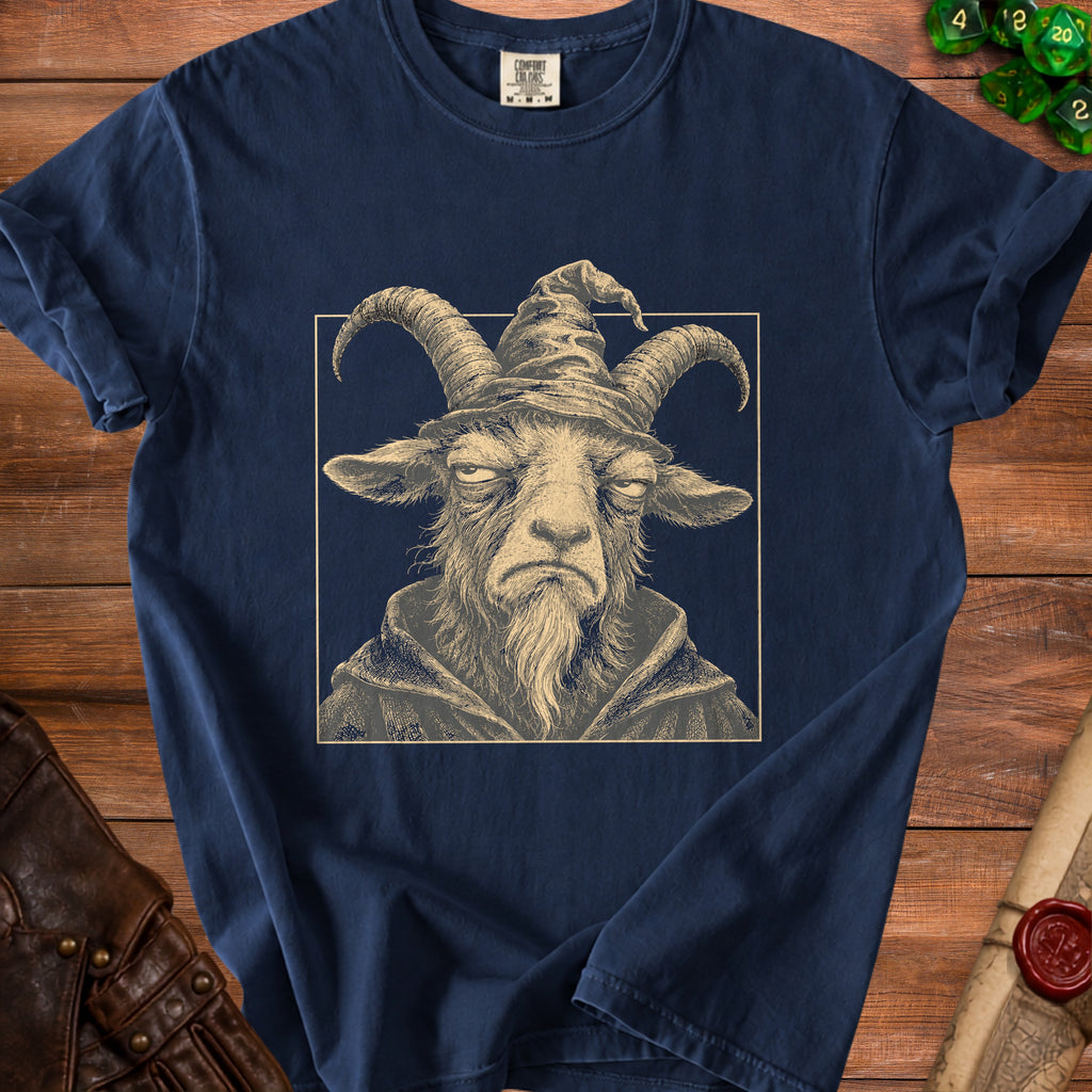 Navy t-shirt with a vintage-style illustration of a wizard goat.