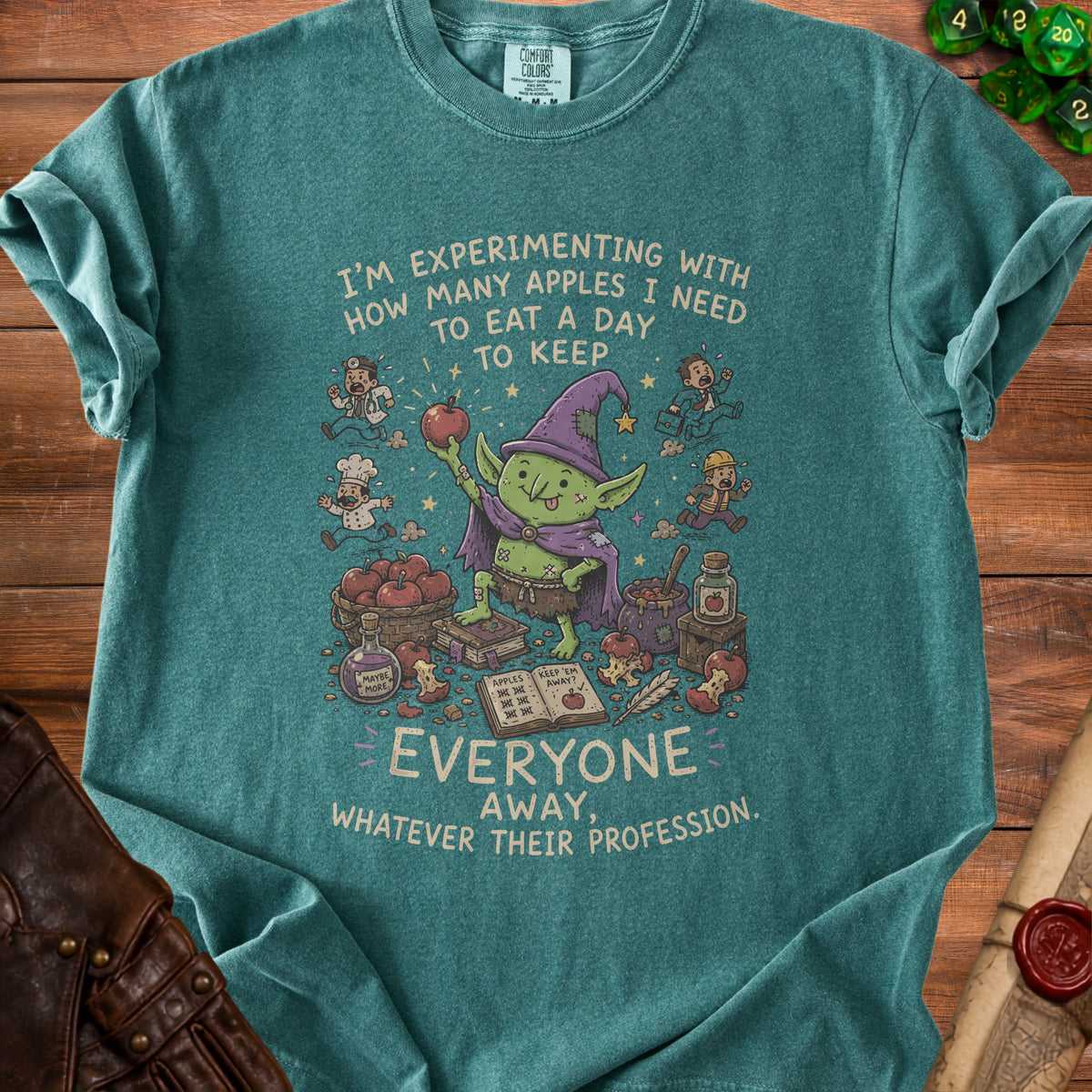 Goblin with apples surrounded by fleeing professionals, text about keeping them away.